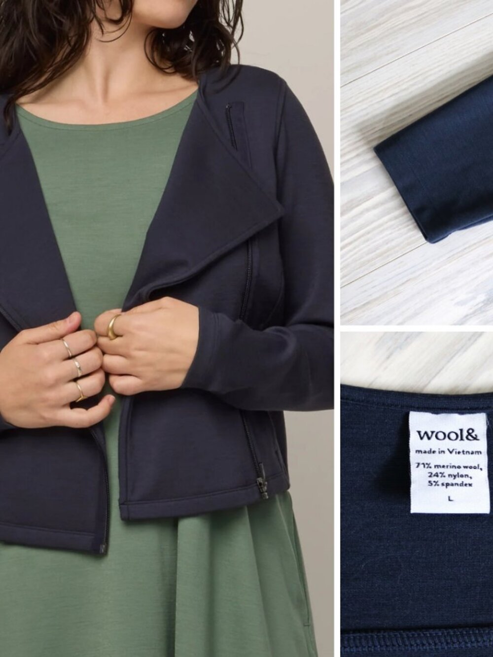 Wooland Lou Moto Jacket Women's L Merino Wool Washed Navy Asymmetrical Zipper